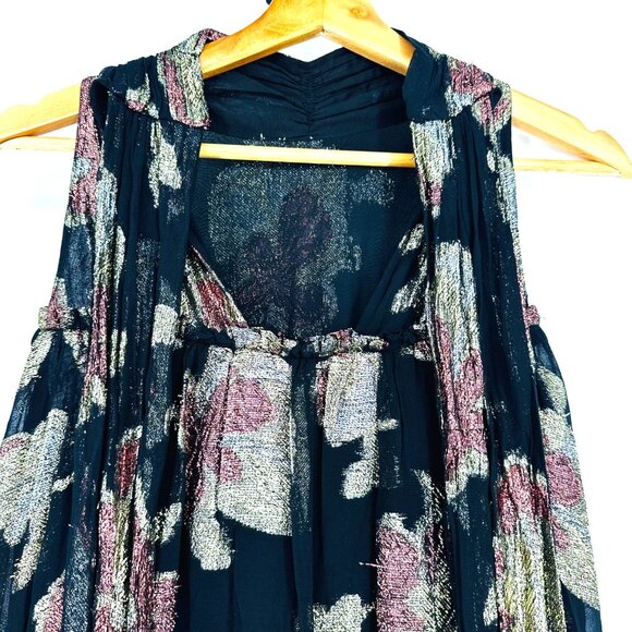 Maeve Anthropologie Shine Metallic Floral Black Sleeveless Tie-Neck Swing Dress - Picture 7 of 12